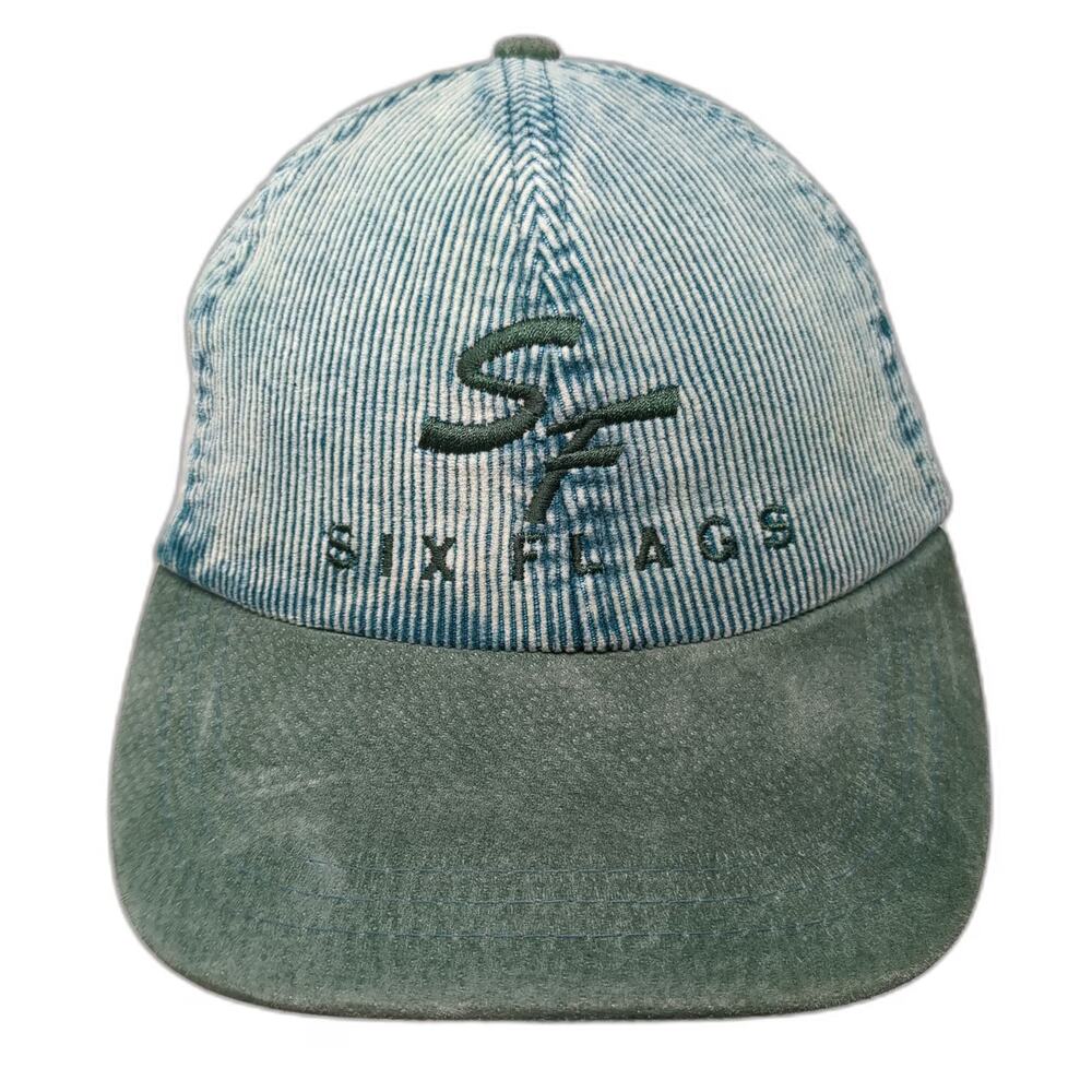 Six Flags Baseball Cap Green One Size Acid Wash Corduroy Suede Slideback Hat